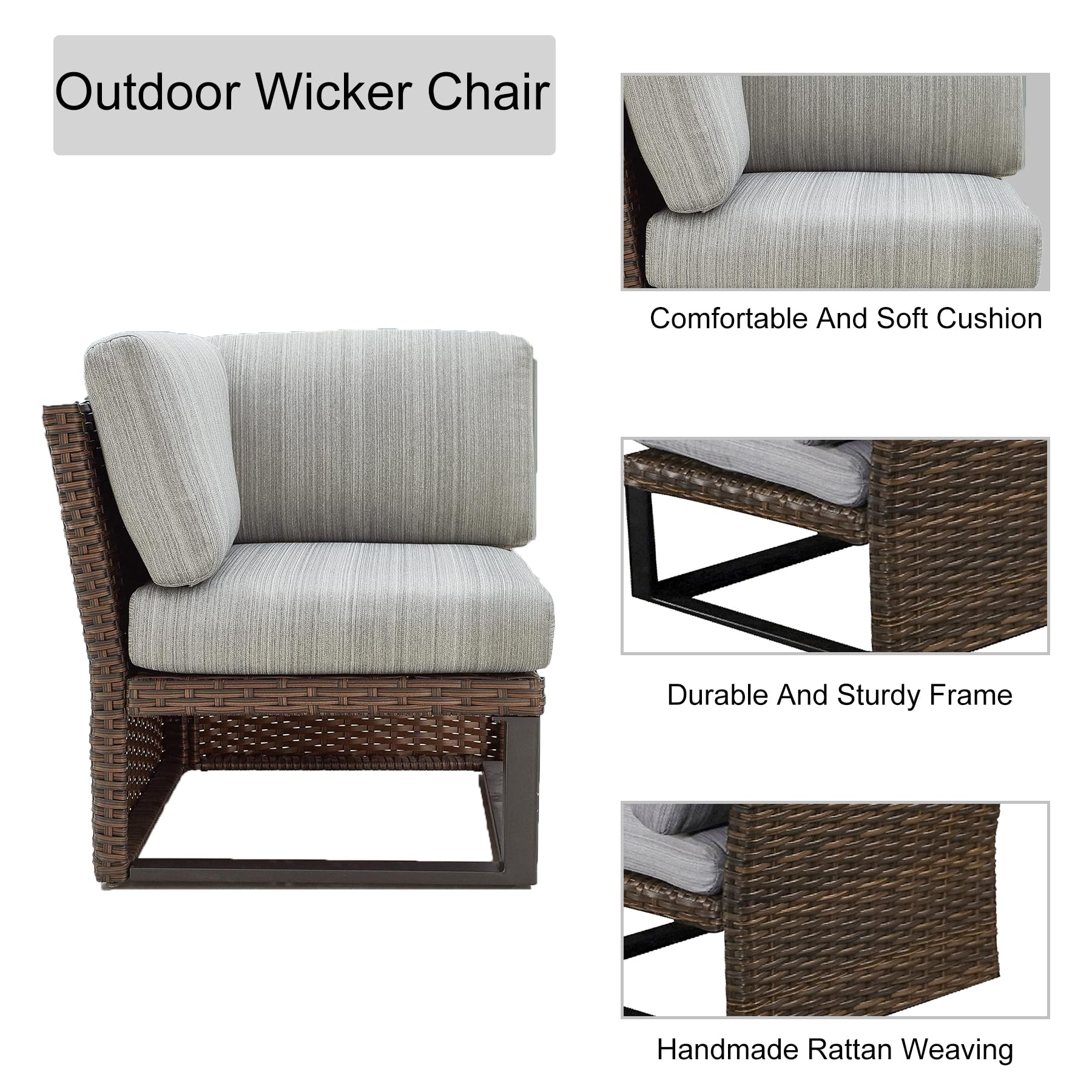 LOKATSE HOME Corner Wicker Chairs Rattan Sofa Outdoor Furniture with Black Metal Steel Frame Legs, Grey