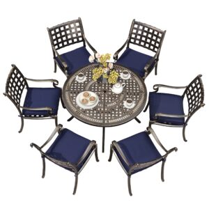 PURPLE LEAF Outdoor Dining Set Cast Aluminum 7-Piece Patio Furniture Set with 6 Dining Armchairs and 47" Round Table, 6 Cushions Included, for Lawn Yard Garden, Lattice Navy Blue Patio Dining Set