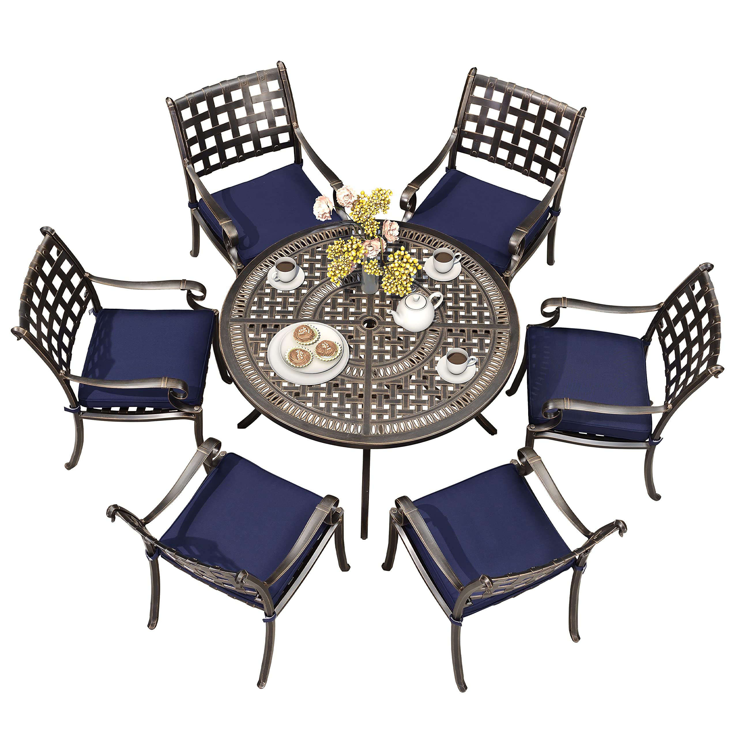 PURPLE LEAF Outdoor Dining Set Cast Aluminum 7-Piece Patio Furniture Set with 6 Dining Armchairs and 47" Round Table, 6 Cushions Included, for Lawn Yard Garden, Lattice Navy Blue Patio Dining Set