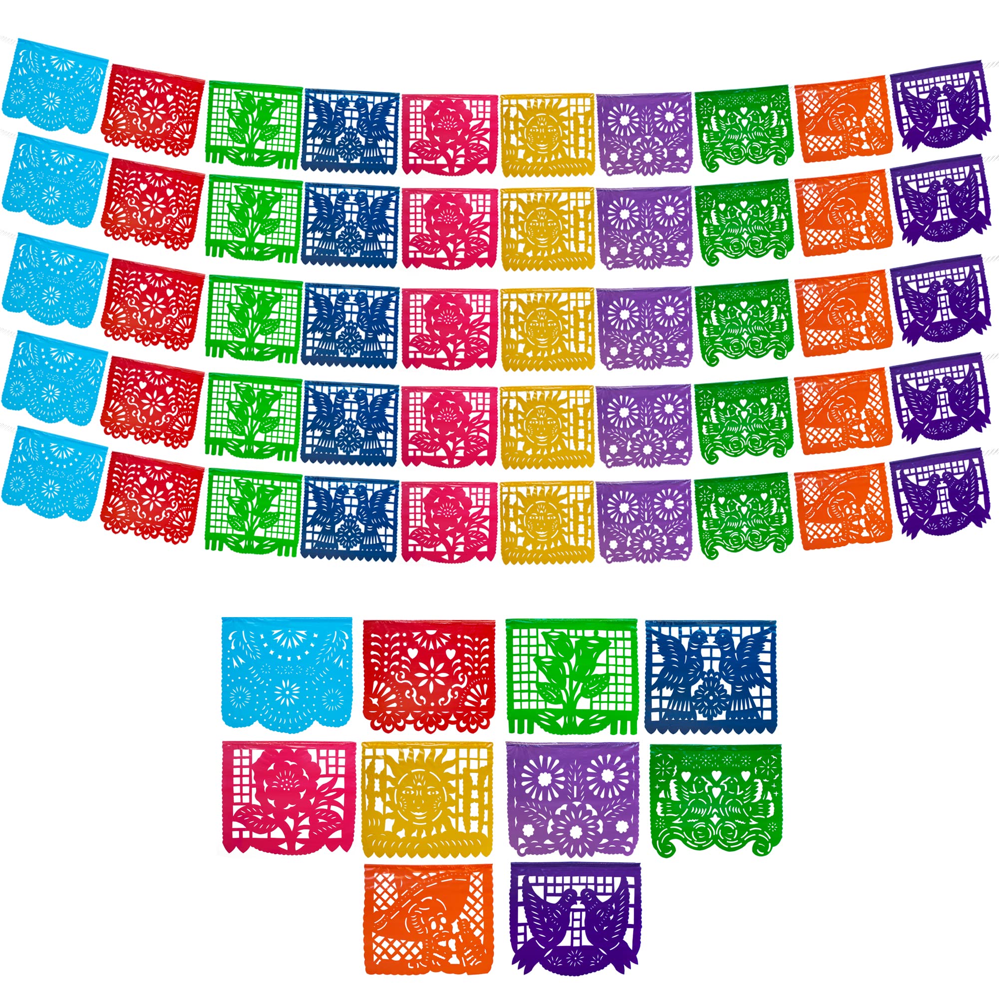 Mexican Party Banners (5 Pack with 10 Plastic Flags per Banner) - Mexican Themed Party Decorations - Papel Picado Mexicano Para Fiesta - Mexican Fiesta Party Decorations - Mexican Décor