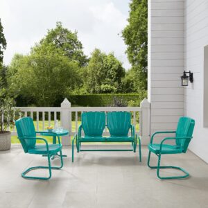 Crosley Furniture Ridgeland 4-Piece Retro Metal Outdoor Loveseat Glider Patio Furniture Set for Porch, Deck, Turquoise Gloss