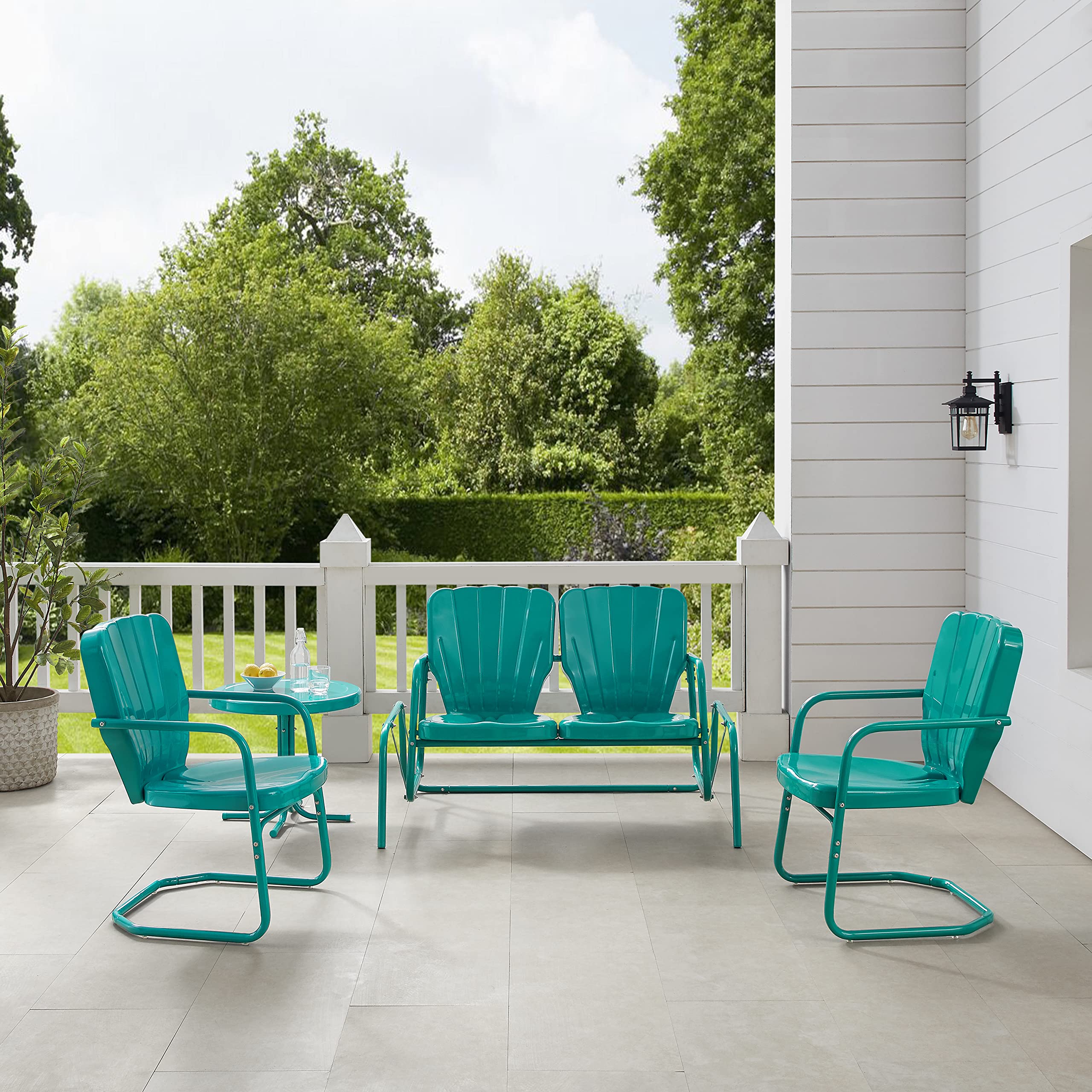 Crosley Furniture Ridgeland 4-Piece Retro Metal Outdoor Loveseat Glider Patio Furniture Set for Porch, Deck, Turquoise Gloss