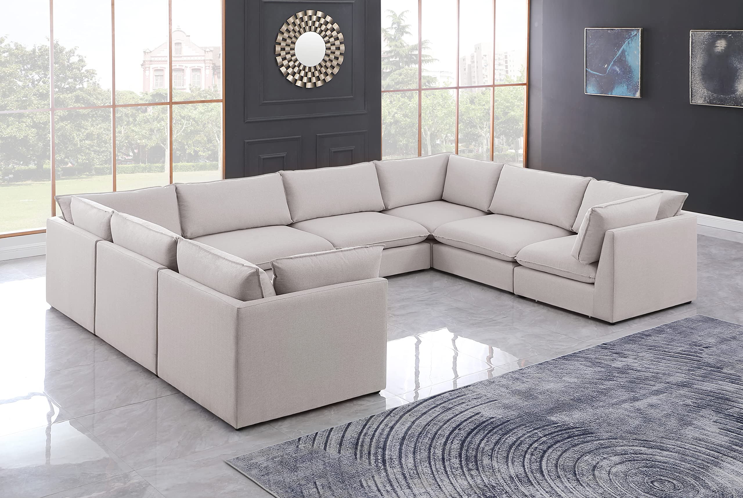 Meridian Furniture 688Beige-Sec8A Mackenzie Collection Modern | Contemporary Linen Textured Upholstered Modular Sectional, Beige, 160" W x 120" D x 35" H