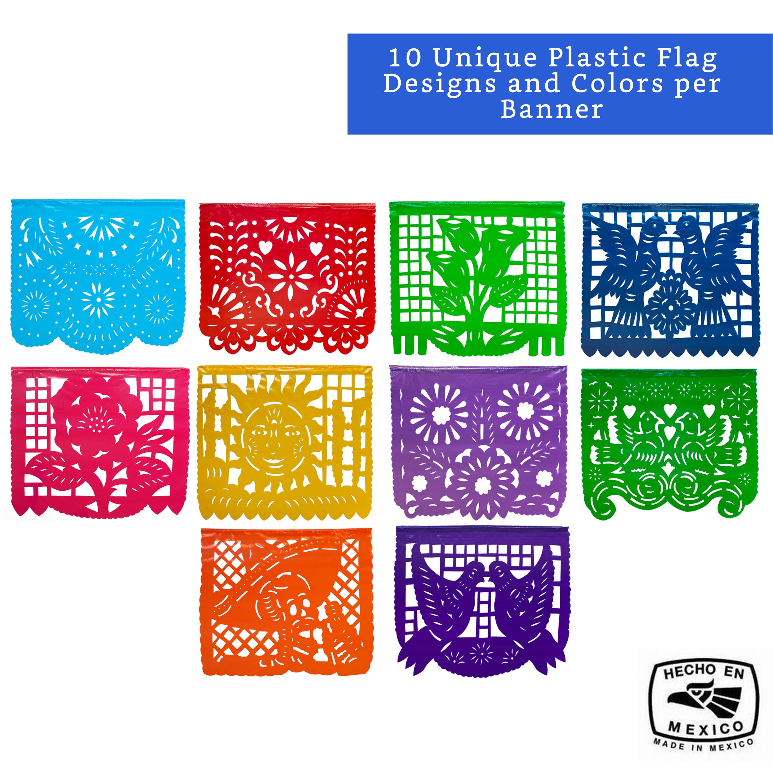 Mexican Party Banners (5 Pack with 10 Plastic Flags per Banner) - Mexican Themed Party Decorations - Papel Picado Mexicano Para Fiesta - Mexican Fiesta Party Decorations - Mexican Décor