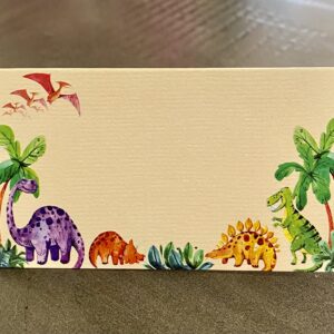 Dinosaur Place Cards - 25 Pack - Dinosaur Themed Card Labels for Food. Name Cards for Kids Birthday Parties, Jungle Theme Parties, Sleepover Parties, Cocktail Parties, and Buffets. 2” x 3.5” Folded.