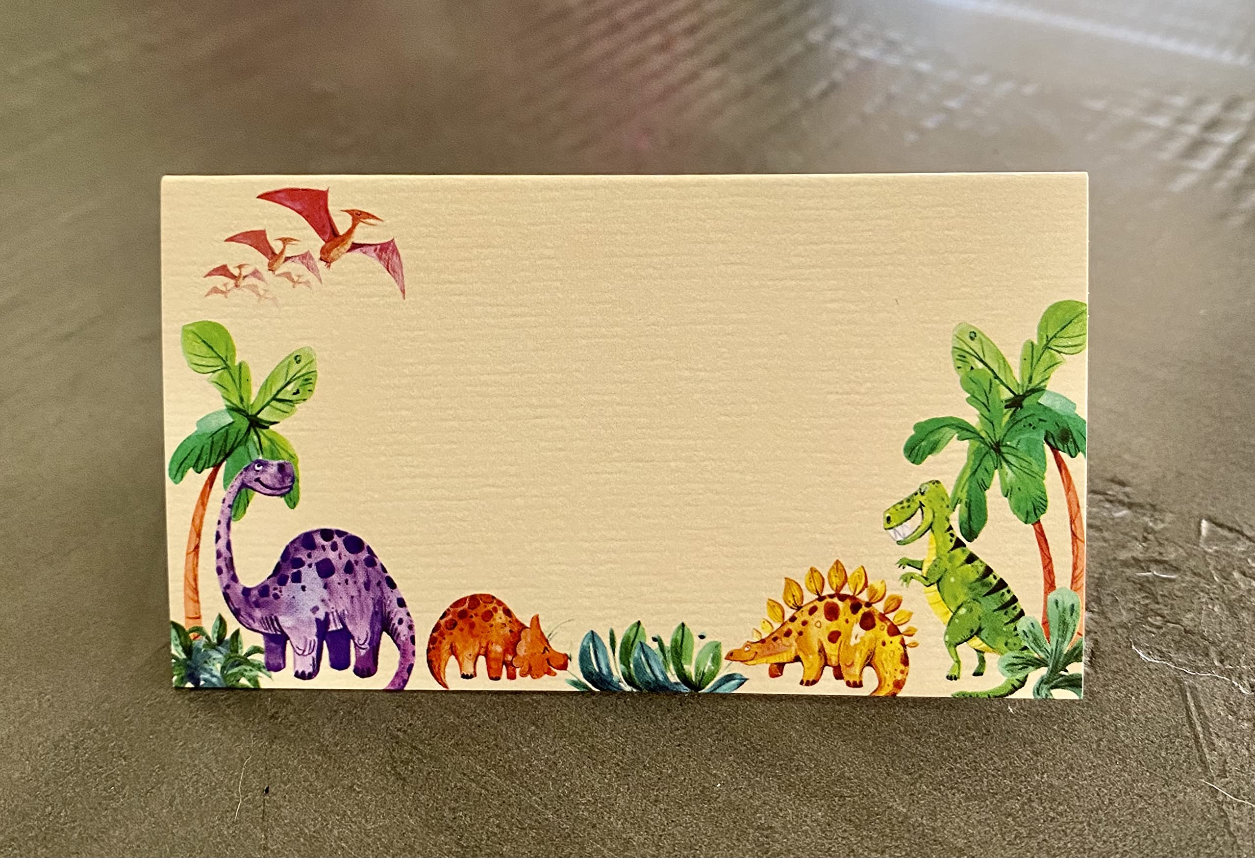 Dinosaur Place Cards - 25 Pack - Dinosaur Themed Card Labels for Food. Name Cards for Kids Birthday Parties, Jungle Theme Parties, Sleepover Parties, Cocktail Parties, and Buffets. 2” x 3.5” Folded.