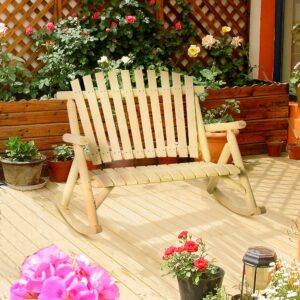 Outsunny Outdoor Wooden Rocking Chair, Double-Person Rustic Adirondack Rocker with Slatted Seat, High Backrest, Armrests for Patio, Garden and Porch, Natural