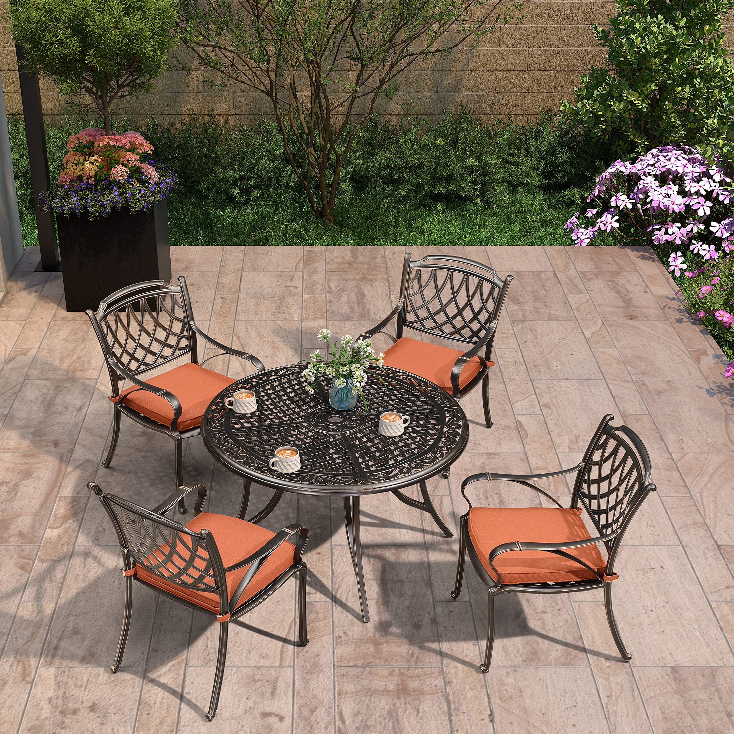 PURPLE LEAF Patio Dining Set Cast Aluminum 5-Piece Patio Furniture Set with 4 Dining Armchairs and 47" Round Table, 4 Cushions Included, for Lawn Yard Garden, Rhombic Brick Red Outdoor Dining Set