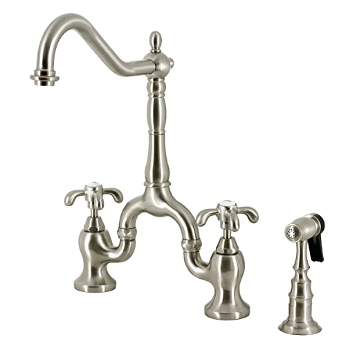 Kingston Brass KS7758TXBS French Country Bridge Kitchen Faucet with Brass Sprayer, Brushed Nickel