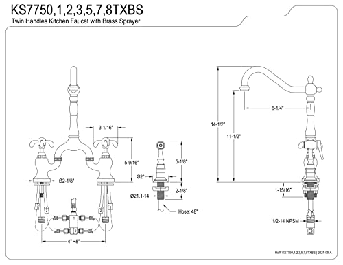 Kingston Brass KS7758TXBS French Country Bridge Kitchen Faucet with Brass Sprayer, Brushed Nickel