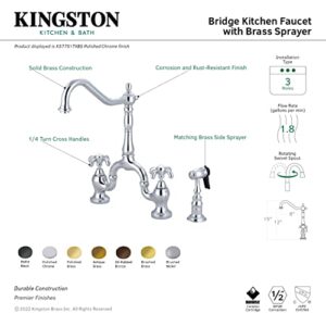 Kingston Brass KS7758TXBS French Country Bridge Kitchen Faucet with Brass Sprayer, Brushed Nickel