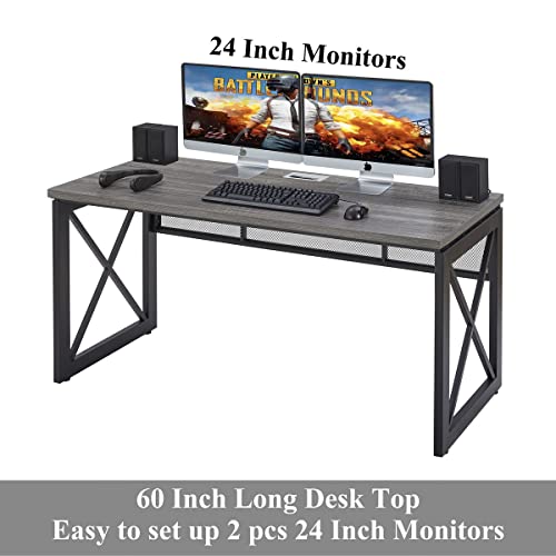 BON AUGURE Industrial Computer Desk, Rustic Wood Desk for Home Office, Sturdy Metal Writing Work Desk (60 Inch, Dark Grey Oak)