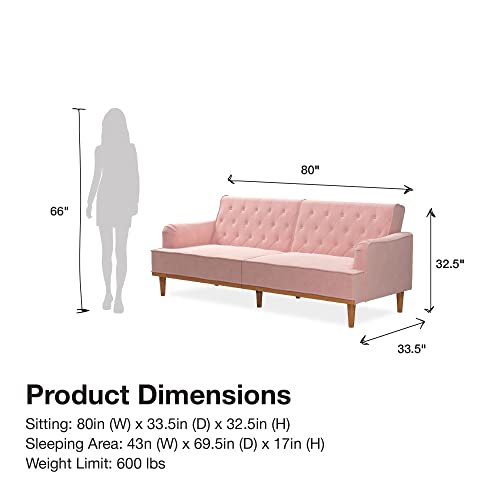 Mr. Kate Stella 80 Inch Futon Sofa Bed in Velvet Fabric, Modern Upholstered Couch Sleeper with Button Tufted Back and Wood Trim, Pink