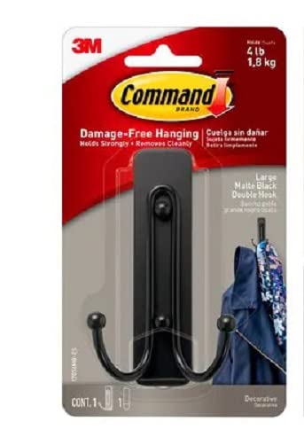 Command 17036MB-ES Double Hanger Wall Hooks, Matte Black, 4 Count