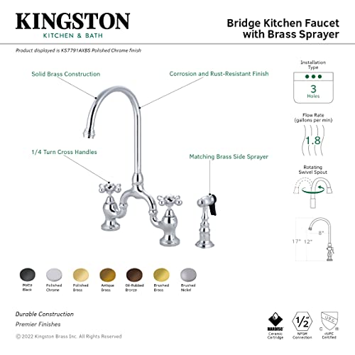 Kingston Brass KS7792AXBS English Country Bridge Kitchen Faucet Sprayer, Polished Brass