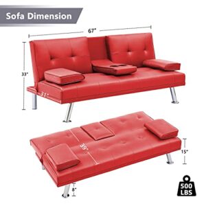 DKLGG Convertible Futon Sofa Bed, Reclining Lounge Couch Sofa with Armrests, 2 Cup Holders Faux Leather Upholstered and Metal Legs Sleeper Sofa Perfect for Living Room, Small Space, Apartment