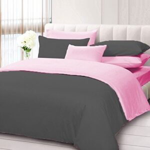 100% Pure Cotton Real 600 Thread Count 5 Piece Reversible Duvet Set, 1 Piece Reversible Duvet Cover With Zipper Closure & Corner Ties And 4 Pillow Cover (Full/Queen Size, Dark Grey/Pink)