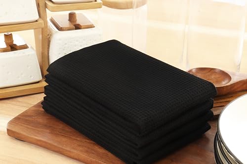 PurpleEssencs Waffle Weave Kitchen Towel, 100% Cotton - 15x25 Inches, with Hanging Loop Ultra Soft Absorbent Quick Drying Dish Cloth, Tea and Hand Towels, 6 - Pack Fall Thanksgiving Halloween - Black