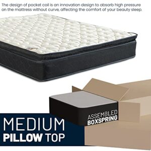 Greaton, 9-Inch Medium Firm Pillow Top Heavier Pocket Coil Spring Hybrid Mattress, Motion Isolation with Durable Support with 4" Split Wood Box Spring, Full, Black