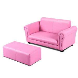 infans 2 seat children sofa, upholstered couch with footstool sturdy wood construction, armrest couch for preschool children boys girls, kid couch lounge bed with ottoman (pink)