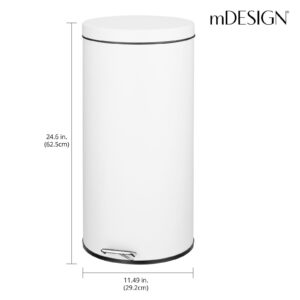 mDesign Tall 30 Liter / 7 Gallon Large Round Metal Lidded Step Trash Can, Thin Compact Garbage Bin with Removable Liner Bucket for Bathroom, Kitchen, Craft Room, Office, Garage - White