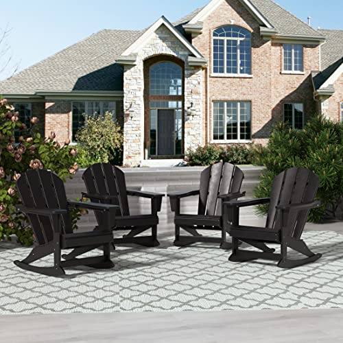 WO Home Furniture Patio Rocking Chair Set of 4 PCS Classic Outdoor HDPE UV Weather Resistant (Black)