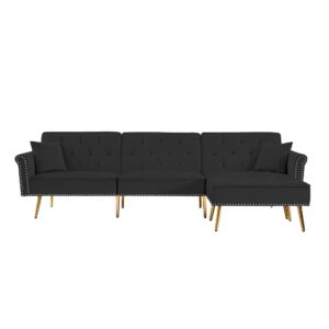 Zushule Convertible Sectional Couch with Chaise Lounge for Living Room, Comfy Velvet Fabric L-Shaped Reversible Reclining Sofa with 3 Seats and Pillows (Black with Golden Leg)