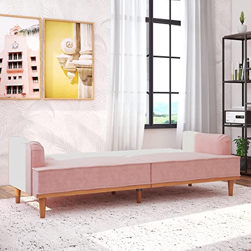 Mr. Kate Stella 80 Inch Futon Sofa Bed in Velvet Fabric, Modern Upholstered Couch Sleeper with Button Tufted Back and Wood Trim, Pink