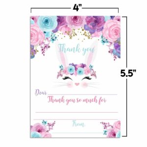 Bunny Face with Pink Blue and Purple Watercolor Flowers Birthday Thank You Notes, Ten 4" x 5.5" Fill In The Blank Cards with 10 White Envelopes by AmandaCreation