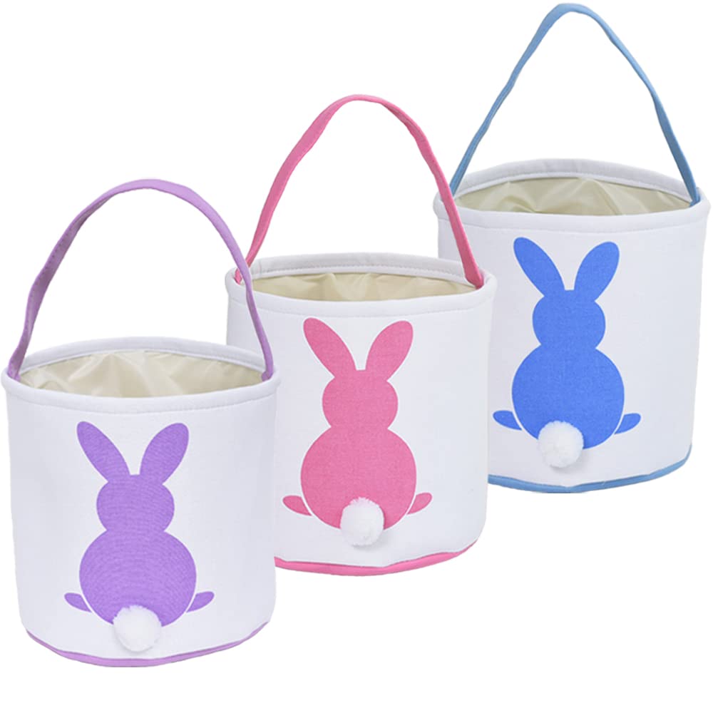 3 Pcs Easter Bunny Basket Bags for Kids - Canvas Cotton Carrying Gift and Eggs Hunt Bag, Fluffy Tails Printed Rabbit Toys Bucket Tote for Girls & Boys (Pink, Purple, Blue)