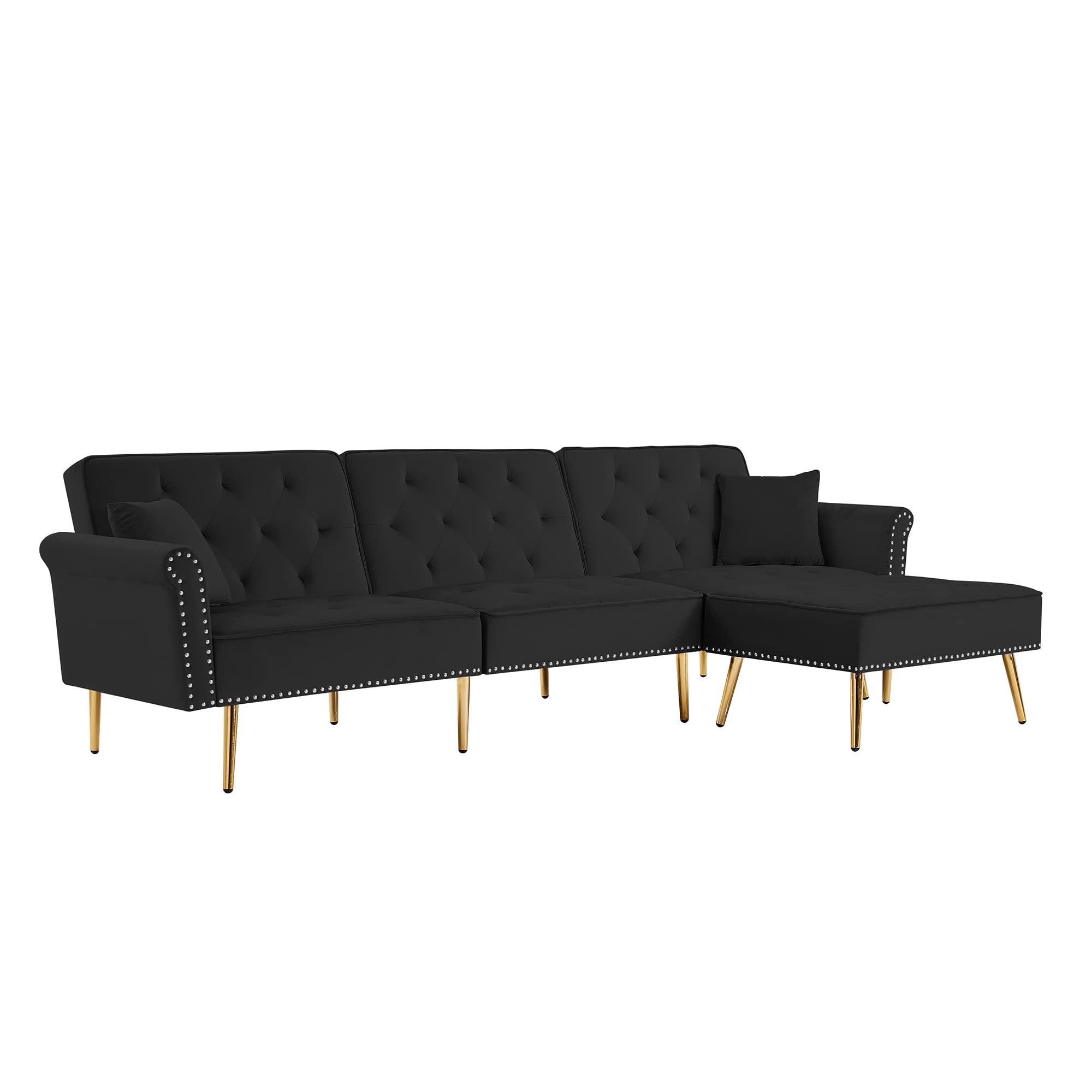 Zushule Convertible Sectional Couch with Chaise Lounge for Living Room, Comfy Velvet Fabric L-Shaped Reversible Reclining Sofa with 3 Seats and Pillows (Black with Golden Leg)