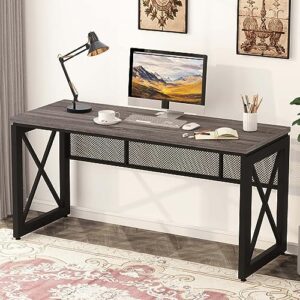 bon augure industrial computer desk, rustic wood desk for home office, sturdy metal writing work desk (60 inch, dark grey oak)