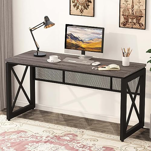 BON AUGURE Industrial Computer Desk, Rustic Wood Desk for Home Office, Sturdy Metal Writing Work Desk (60 Inch, Dark Grey Oak)