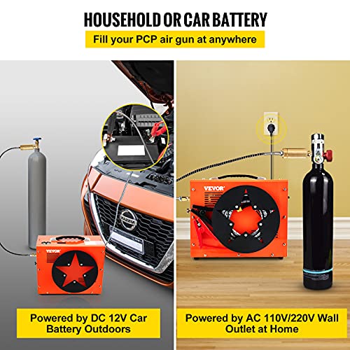 VEVOR PCP Air Compressor, Auto-stop Powered by DC 12V Car or Home AC 110V/220V, 4500Psi/30Mpa/300Bar w/Built-in Water/Oil Adapter & Cooling Fan for Paintball, Scuba, Air Rifle