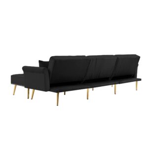 Zushule Convertible Sectional Couch with Chaise Lounge for Living Room, Comfy Velvet Fabric L-Shaped Reversible Reclining Sofa with 3 Seats and Pillows (Black with Golden Leg)