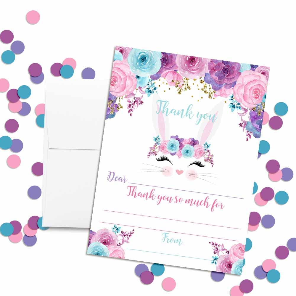 Bunny Face with Pink Blue and Purple Watercolor Flowers Birthday Thank You Notes, Ten 4" x 5.5" Fill In The Blank Cards with 10 White Envelopes by AmandaCreation