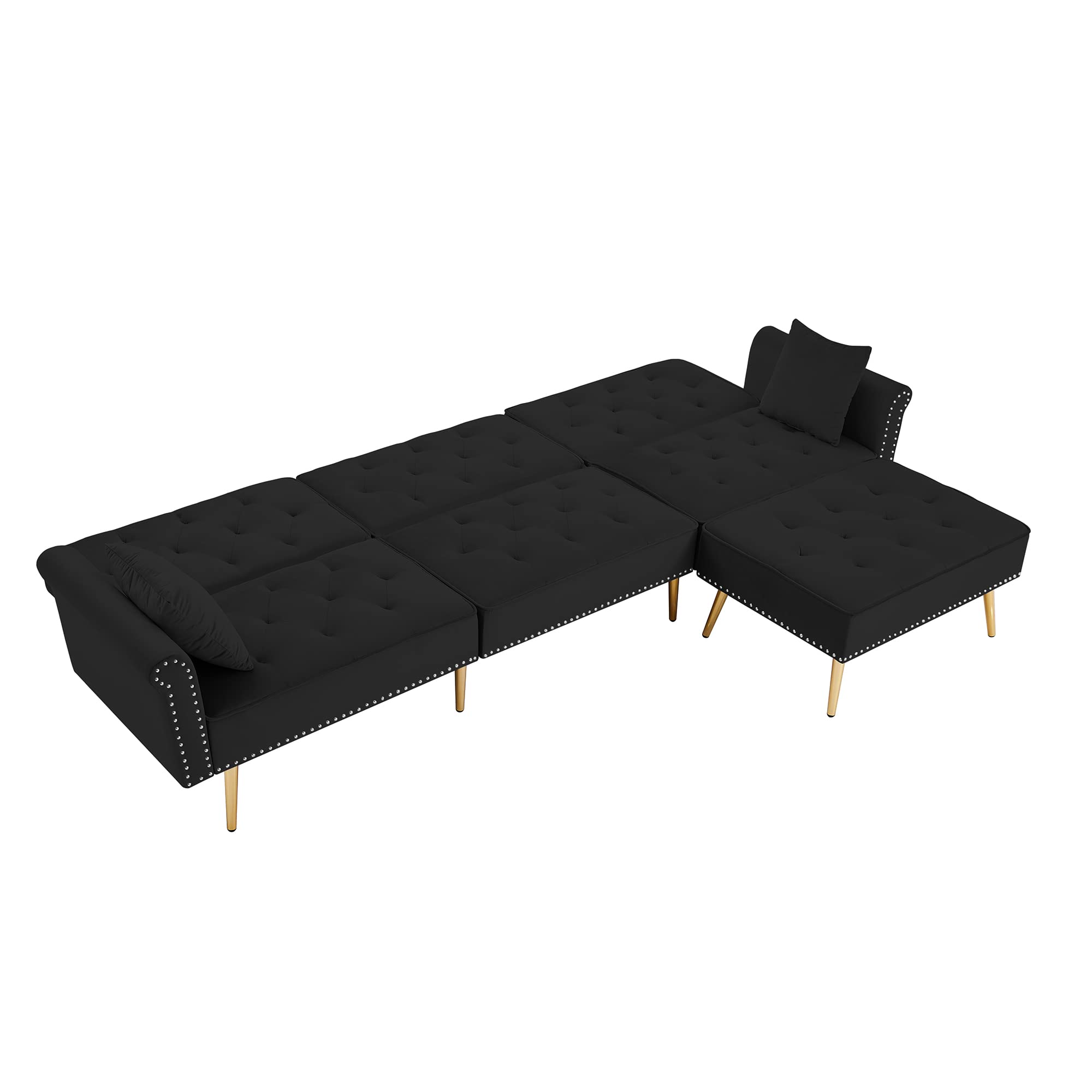 Zushule Convertible Sectional Couch with Chaise Lounge for Living Room, Comfy Velvet Fabric L-Shaped Reversible Reclining Sofa with 3 Seats and Pillows (Black with Golden Leg)