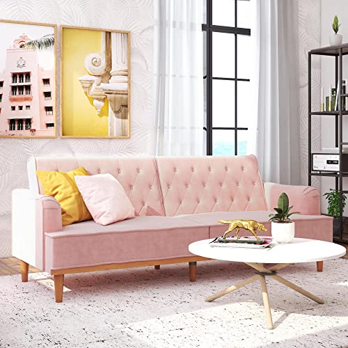 Mr. Kate Stella 80 Inch Futon Sofa Bed in Velvet Fabric, Modern Upholstered Couch Sleeper with Button Tufted Back and Wood Trim, Pink