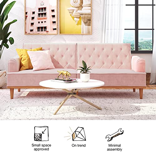 Mr. Kate Stella 80 Inch Futon Sofa Bed in Velvet Fabric, Modern Upholstered Couch Sleeper with Button Tufted Back and Wood Trim, Pink