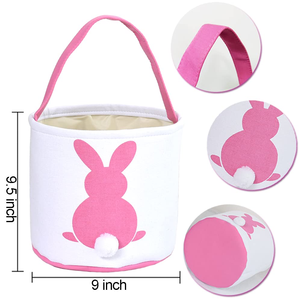 3 Pcs Easter Bunny Basket Bags for Kids - Canvas Cotton Carrying Gift and Eggs Hunt Bag, Fluffy Tails Printed Rabbit Toys Bucket Tote for Girls & Boys (Pink, Purple, Blue)