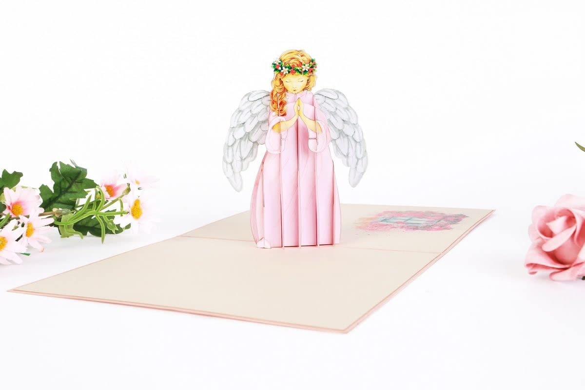 3d Guardian Angel Pop Up Card, Praying Angel Pop Up Card, Birthday Pop Up Card, 3D Angel Card for Sympathy, Christmas, Recovery, Get Well Soon, Spiritual, Baptism, Holy Communion, Pink, X20