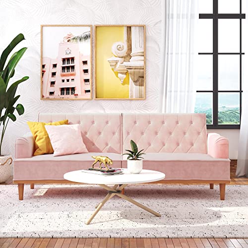 Mr. Kate Stella 80 Inch Futon Sofa Bed in Velvet Fabric, Modern Upholstered Couch Sleeper with Button Tufted Back and Wood Trim, Pink