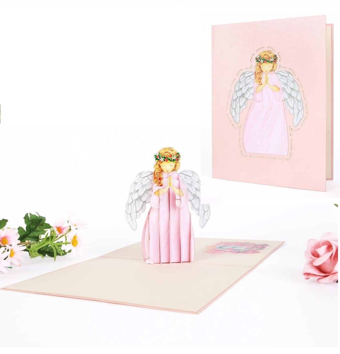 3d Guardian Angel Pop Up Card, Praying Angel Pop Up Card, Birthday Pop Up Card, 3D Angel Card for Sympathy, Christmas, Recovery, Get Well Soon, Spiritual, Baptism, Holy Communion, Pink, X20