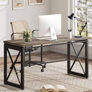 BON AUGURE Industrial Computer Desk, Rustic Wood Desk for Home Office, Sturdy Metal Writing Work Desk (60 Inch, Dark Grey Oak)