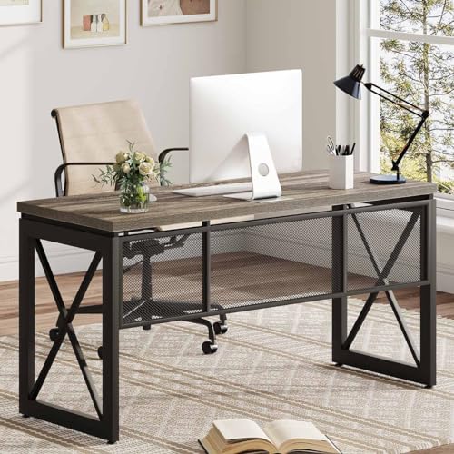 BON AUGURE Industrial Computer Desk, Rustic Wood Desk for Home Office, Sturdy Metal Writing Work Desk (60 Inch, Dark Grey Oak)