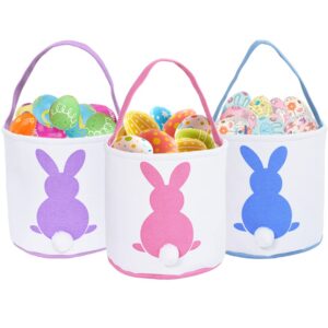 3 pcs easter bunny basket bags for kids - canvas cotton carrying gift and eggs hunt bag, fluffy tails printed rabbit toys bucket tote for girls & boys (pink, purple, blue)