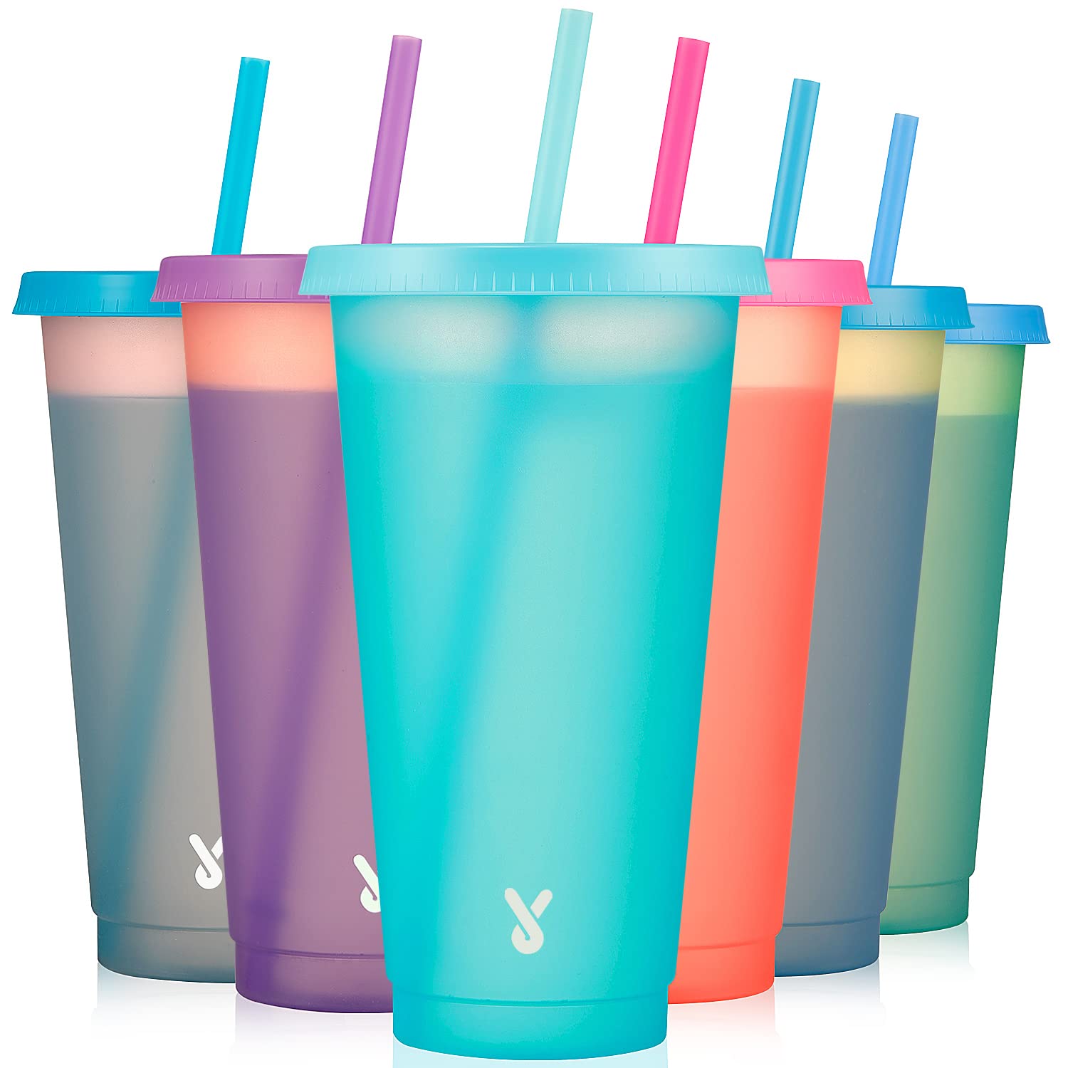 Meoky Plastic Cute Cold Cups with Lids and Straws Bulk for Iced Coffee - 6 Pack 24 oz Color Changing Reusable for Adults Kid Women Party