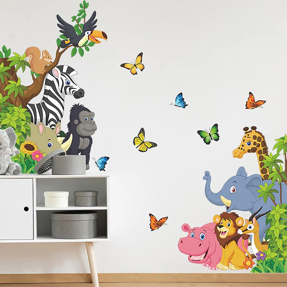 Supzone Cartoon Animal Wall Decal Jungle Animals Wall Stickers Elephant Lion Zebra Butterfly Wall Decor for Kids Baby DIY Vinyl Mural Art for Nursery Bedroom Living Room Playroom