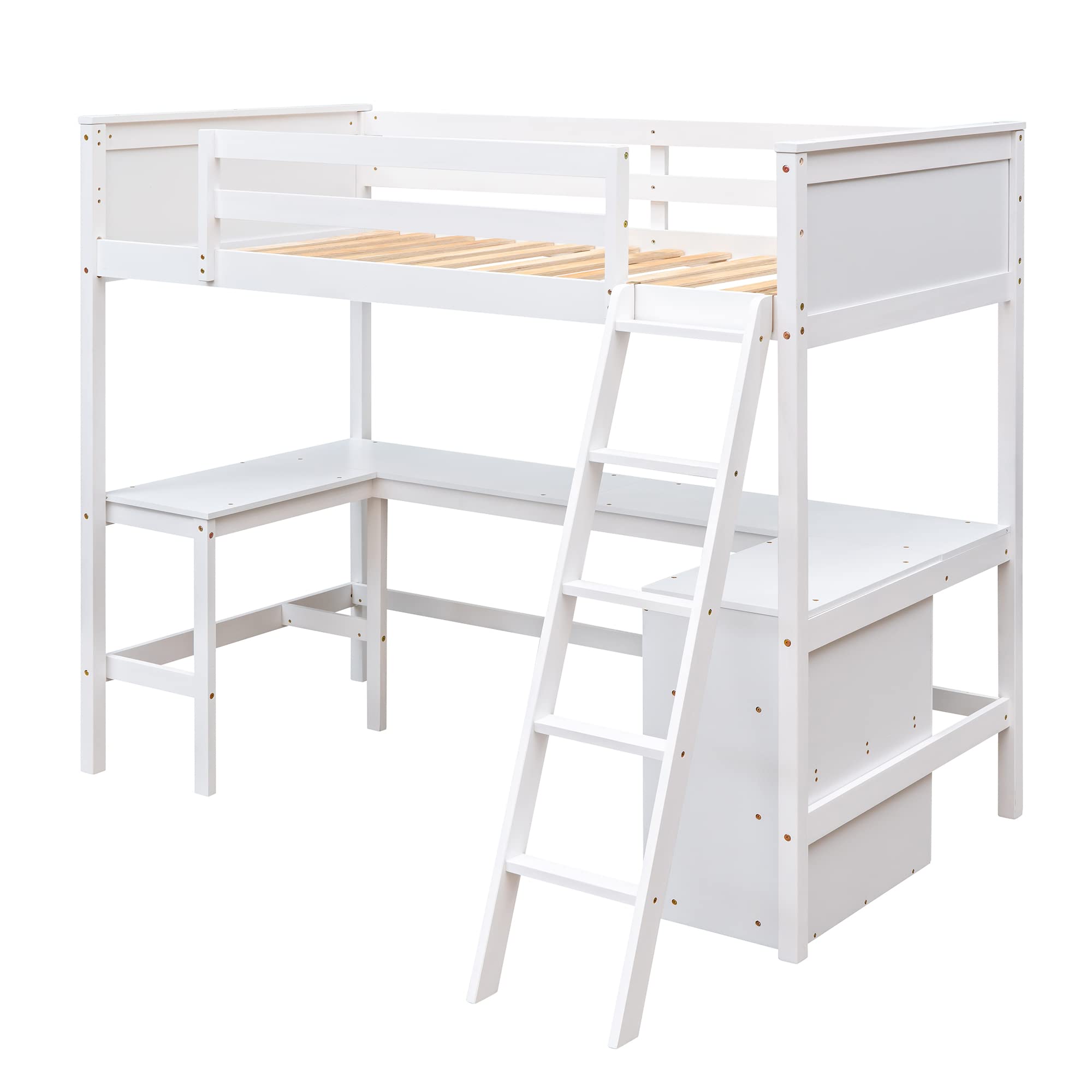 Loft Bed with Desk Twin Size Beds with Storage Shelves Bookcase Wood High Loft Bed Frame for Dorm, Kids Boys Girls Teens, White