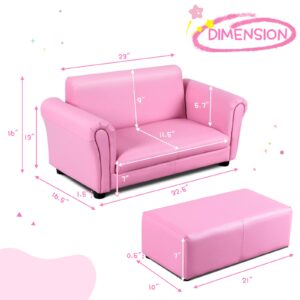 INFANS 2 Seat Children Sofa, Upholstered Couch with Footstool Sturdy Wood Construction, Armrest Couch for Preschool Children Boys Girls, Kid Couch Lounge Bed with Ottoman (Pink)